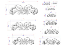 Load image into Gallery viewer, a collection of nine different sizes of ornate, decorative elements, likely representing a design or pattern. The elements are depicted in a 3D style, with measurements provided for each size. The image is a collage of various sizes, showcasing the intricate details and craftsmanship of the design.
