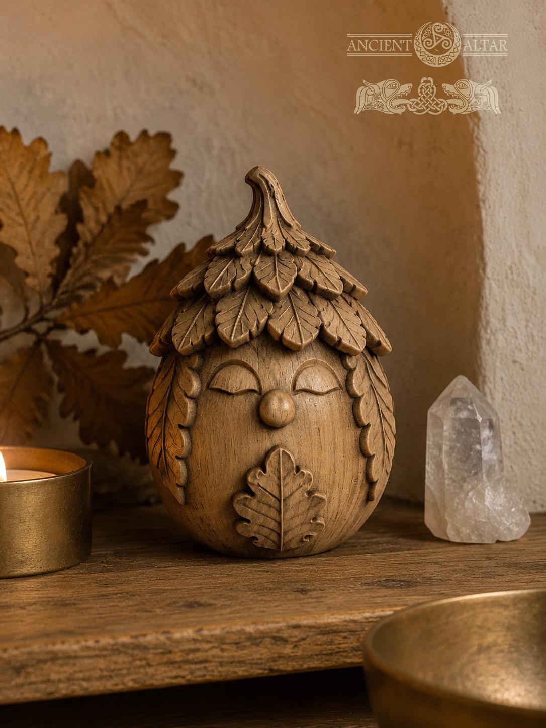 Oak Spirit Figurine, Carved Oak Forest Guardian, Wooden Oak Leaf Decor, Cottagecore Gift, Woodland Nature Statue
