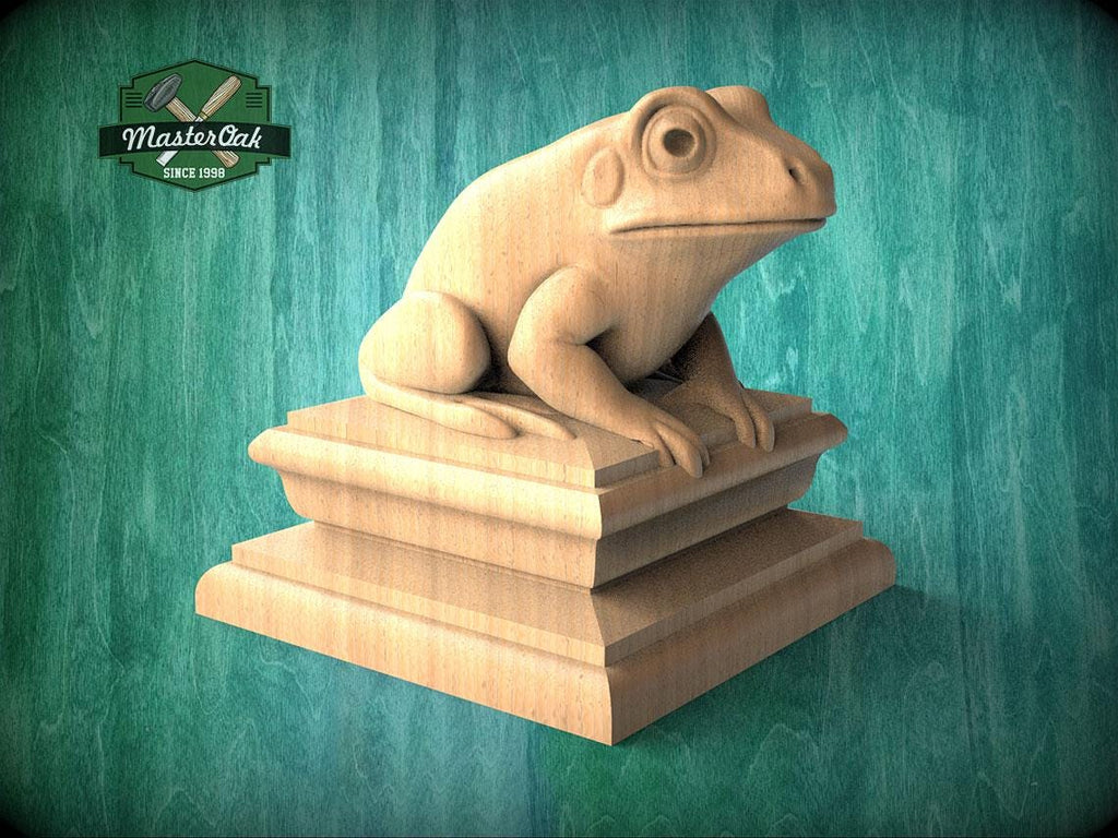 A wooden frog statue is perched on a wooden pedestal against a green background.