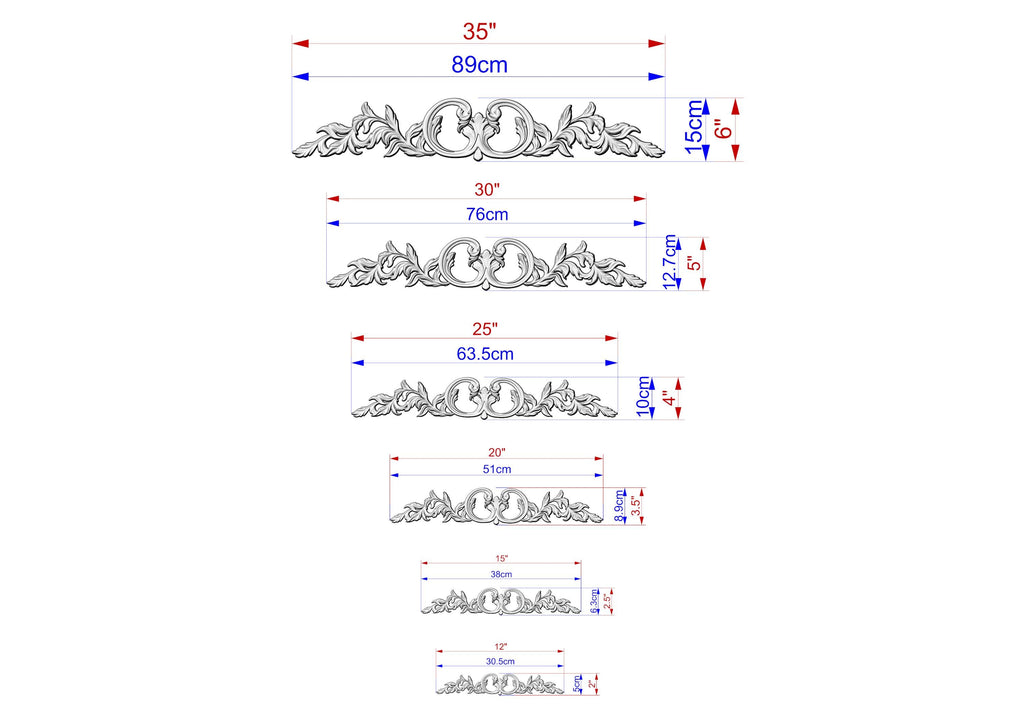 a series of ornate designs or patterns, each accompanied by a set of measurements in centimeters. The designs vary in size, ranging from small to large, and are arranged in a descending order. The measurements provided indicate the size of each design, allowing for a clear understanding of the differences in scale between the various patterns.