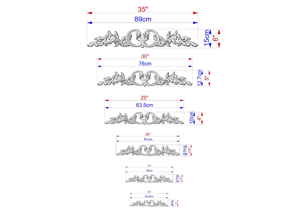 a series of ornate designs or patterns, each accompanied by a set of measurements in centimeters. The designs vary in size, ranging from small to large, and are arranged in a descending order. The measurements provided indicate the size of each design, allowing for a clear understanding of the differences in scale between the various patterns.