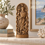 Neptune Wooden Statue, Roman Sea God Figurine, Poseidon Sculpture with Trident, Pagan Altar Decor, Ancient Mythology Gift