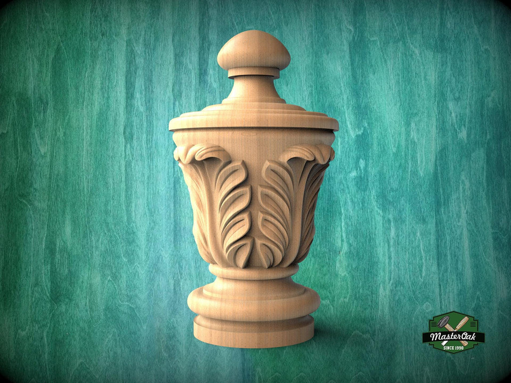 Unpainted Hardwood Finial with Acanthus Leaves, Newel Post Cap