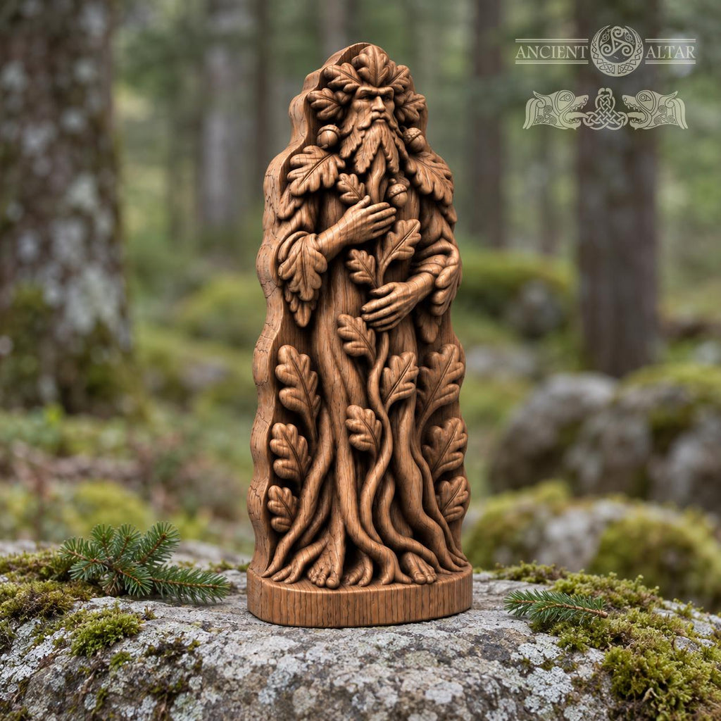 Green Man Tree Guardian Statue, Oak Wood Woodland Spirit, Leaf Crown and Root Sculpture, Pagan Altar Decor, Forest Lover Gift