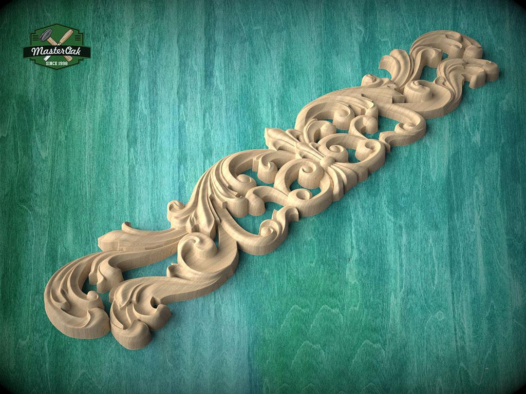 A decorative wooden carving with intricate scrollwork is displayed against a teal background.