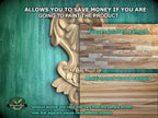 The image is a promotional advertisement for a product, specifically a type of wood. It features a close-up of a carved wooden piece and a sample of the product, along with text providing information about the product.