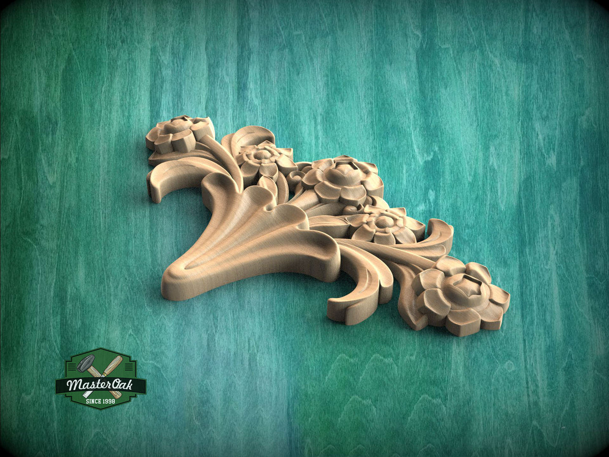 A wooden carving of a flower with intricate details is displayed against a green background.
