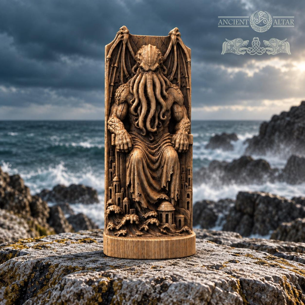Cthulhu Throne Statue, Wooden Lovecraftian Monster Figurine, R’lyeh Cosmic Horror Decor, Gothic Altar Sculpture, Dark Fantasy Gift