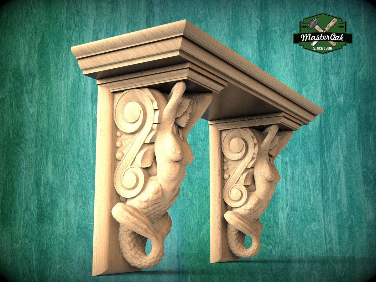 Elegant Carved Wooden Shelf with Mermaid Corbels - Custom Sizes Available, 1 pc, Unpainted, Unassembled, Mantel with corbels, Floating Shelf
