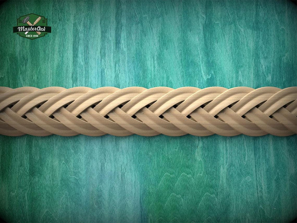 A close-up view of a braided wooden object, possibly a piece of furniture or a decorative item, set against a textured green background.
