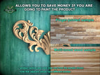The image is a promotional advertisement for Master Oak, a company that sells wood products. It features a close-up of a wooden carving and a sample of multi-toned wood, along with text that provides information about the products.