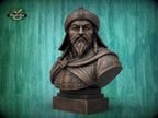 Genghis Khan Bust | Carved & Hand-Finished Wood Statue | Mongolian History Decor