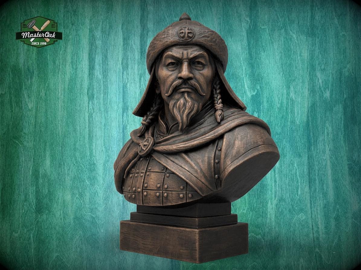 Genghis Khan Bust | Carved & Hand-Finished Wood Statue | Mongolian History Decor