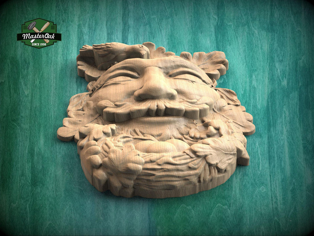 Greenman Wood Carving Onlay – Folklore Face with Bird Nest, Carved Decorative Applique