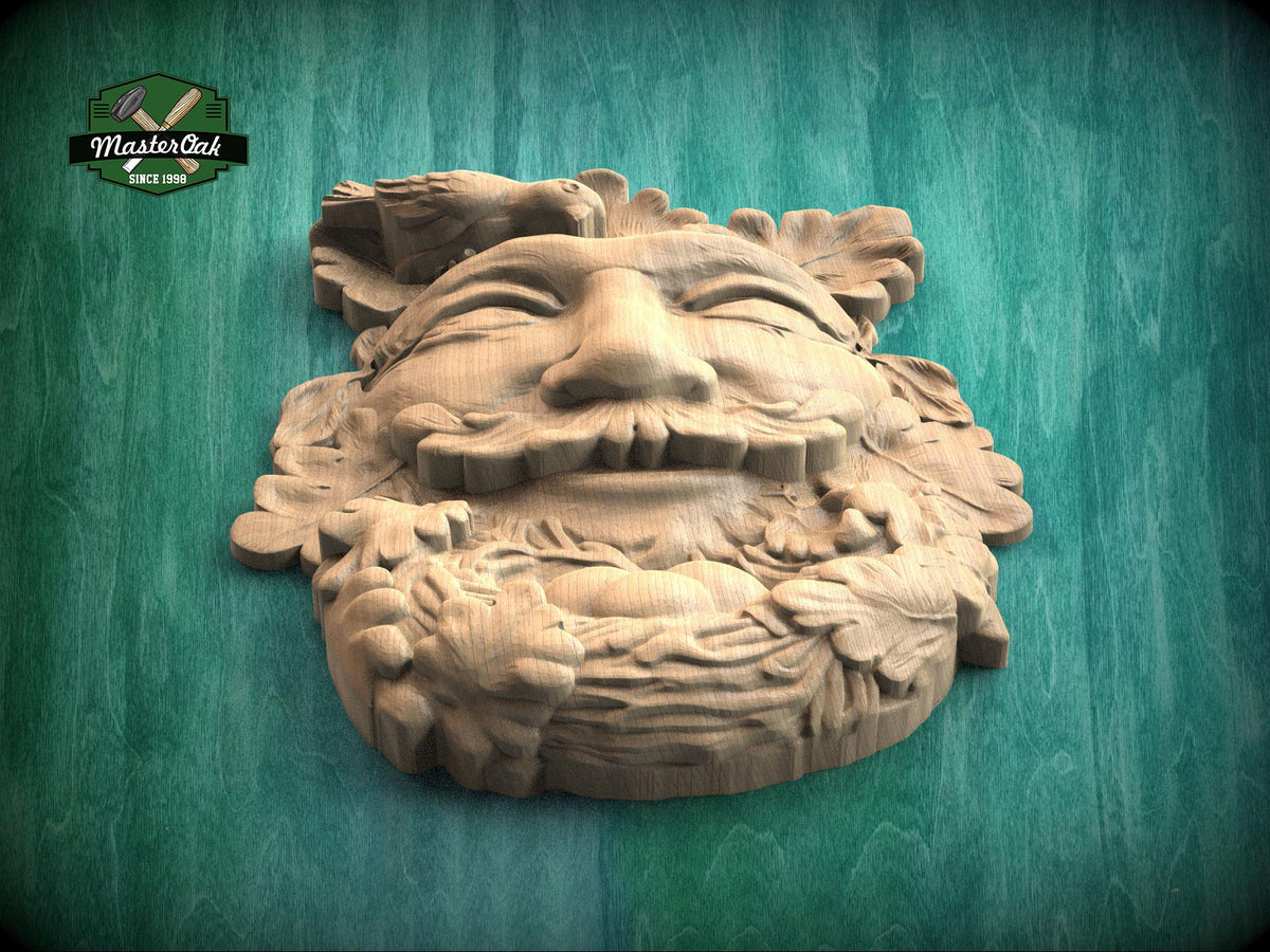 Greenman Wood Carving Onlay – Folklore Face with Bird Nest, Carved Decorative Applique