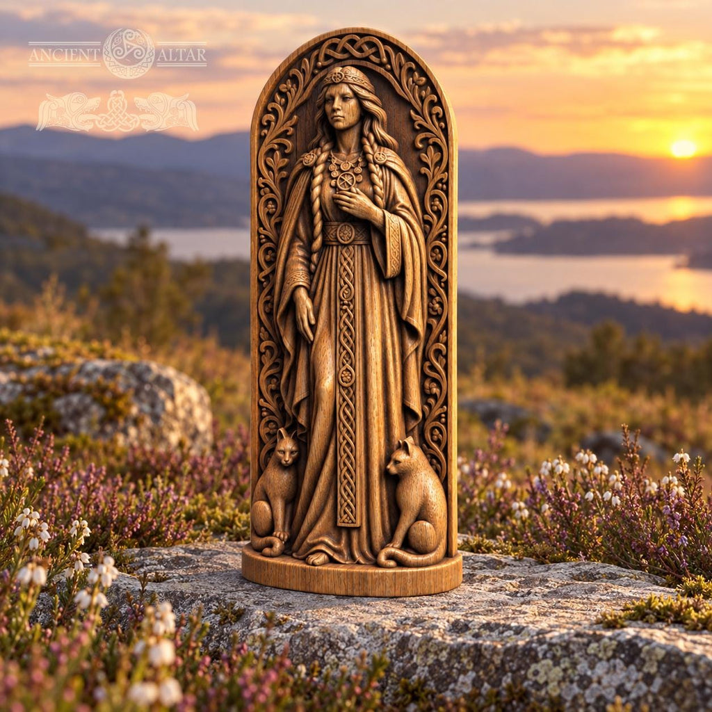 Freyja Statue with Cats, Wooden Norse Goddess Figurine, Viking Pagan Altar Decor, Freya Sculpture, Scandinavian Mythology Gift