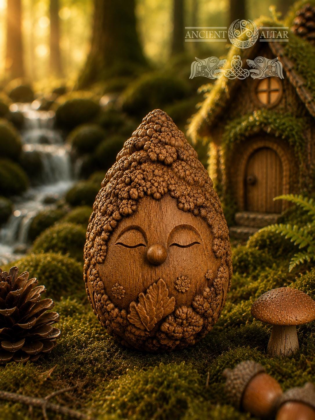Moss Hermit Figurine, Carved Oak Forest Spirit, Woodland Guardian Statue, Cottagecore Decor, Nature Lover Gift, 2.76 Inch