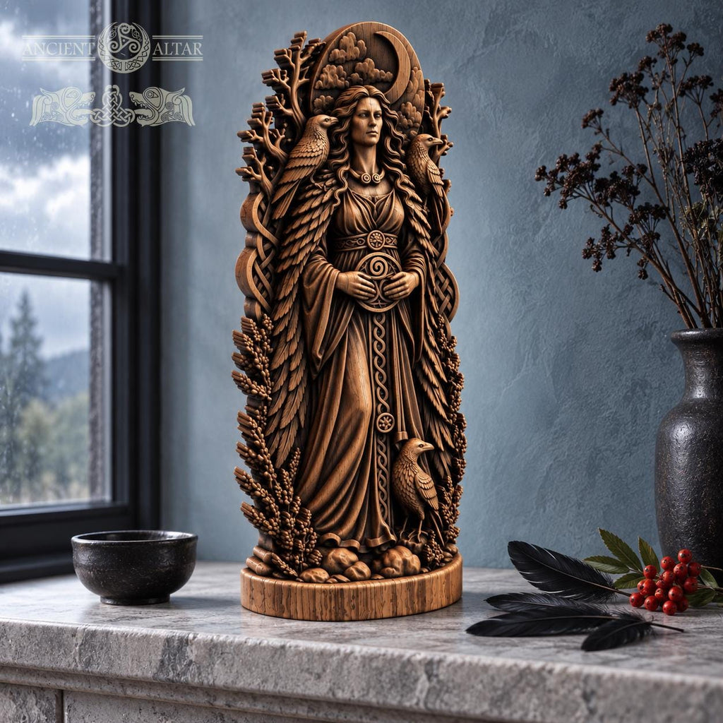 Morrigan Raven Queen Figurine, Celtic War Goddess Statue, Wooden Irish Deity, Dark Pagan Altar Decor, Witchcraft Gift