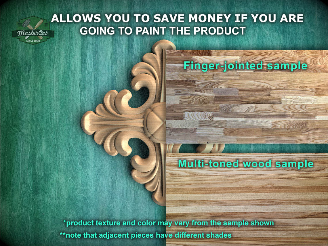 The image is a promotional advertisement for Master Oak Paint, showcasing a variety of wood samples. It features a wooden panel with a decorative design, a finger-jointed sample, and a multi-toned wood sample. The text on the image provides information about the product, including that it allows you to save money if you are going to paint the product, and that the product texture and color may vary from the sample shown. The image also mentions that adjacent pieces have different shades.