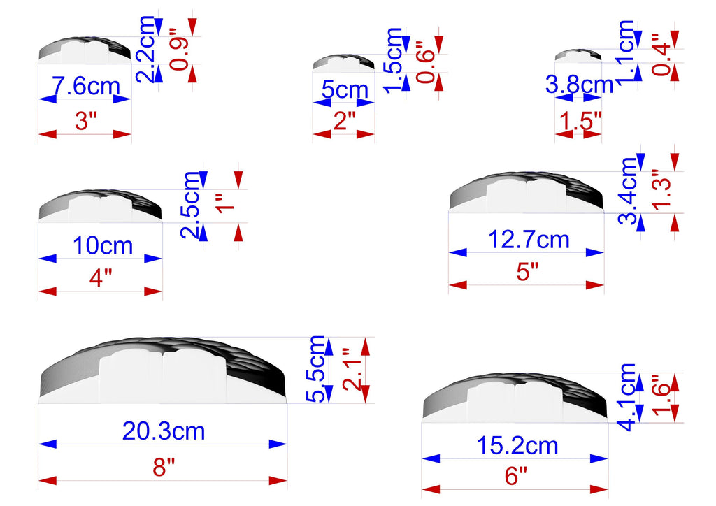 a series of seven different images, each depicting a different object or scene. The images are labeled with their respective measurements, providing a visual representation of the size or dimensions of each object. The labels include measurements such as "7.6cm", "2.5cm", "3.8cm", "10cm", "12.7cm", "20.3cm", "15.2cm", and "4.1cm". The images are arranged in a grid format, with each row representing a different object or scene, and each column representing a different measurement unit.