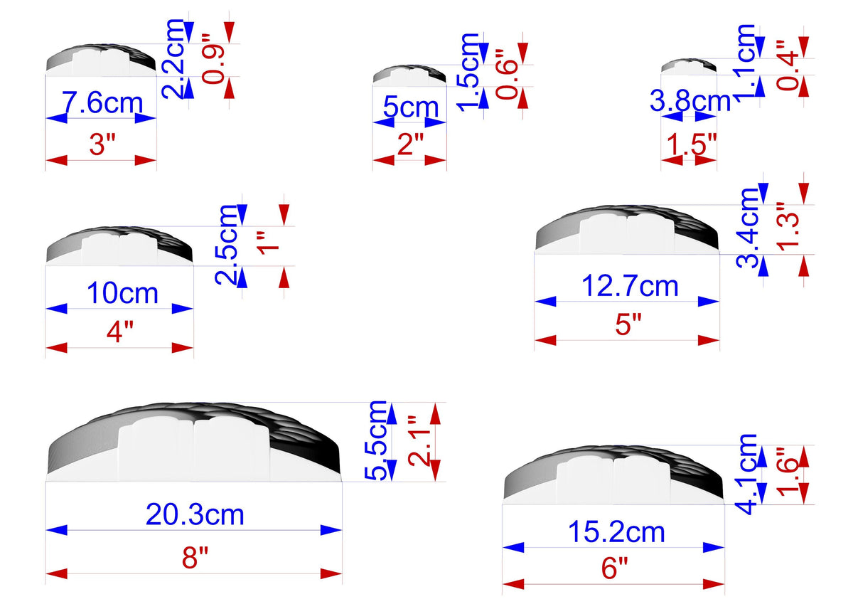 a series of seven different images, each depicting a different object or scene. The images are labeled with their respective measurements, providing a visual representation of the size or dimensions of each object. The labels include measurements such as "7.6cm", "2.5cm", "3.8cm", "10cm", "12.7cm", "20.3cm", "15.2cm", and "4.1cm". The images are arranged in a grid format, with each row representing a different object or scene, and each column representing a different measurement unit.