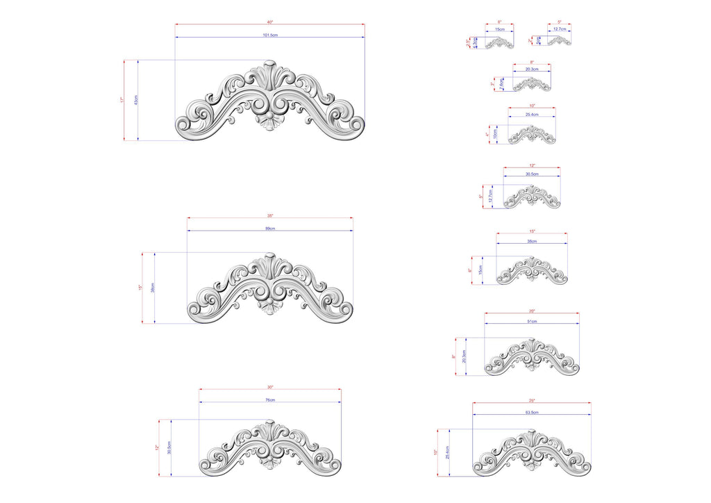 a collection of ornate, decorative designs or patterns, each accompanied by a set of measurements or dimensions. The designs appear to be in a 3D or digital format, suggesting that they may be used for a 3D printer or other similar technology. The images are arranged in a grid-like pattern, with each design placed next to its corresponding measurement. The overall layout and organization of the images create a visually appealing and informative presentation of the designs and their dimensions.