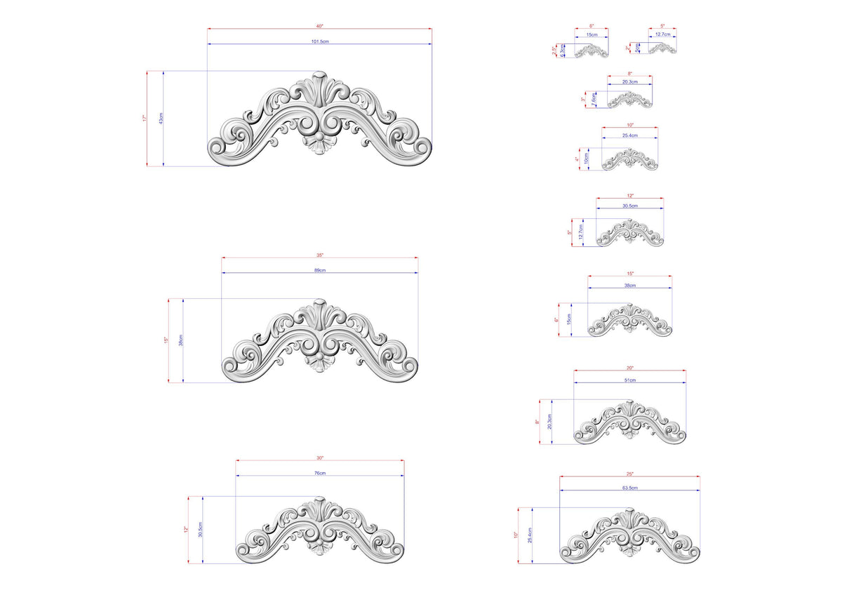 a collection of ornate, decorative designs or patterns, each accompanied by a set of measurements or dimensions. The designs appear to be in a 3D or digital format, suggesting that they may be used for a 3D printer or other similar technology. The images are arranged in a grid-like pattern, with each design placed next to its corresponding measurement. The overall layout and organization of the images create a visually appealing and informative presentation of the designs and their dimensions.