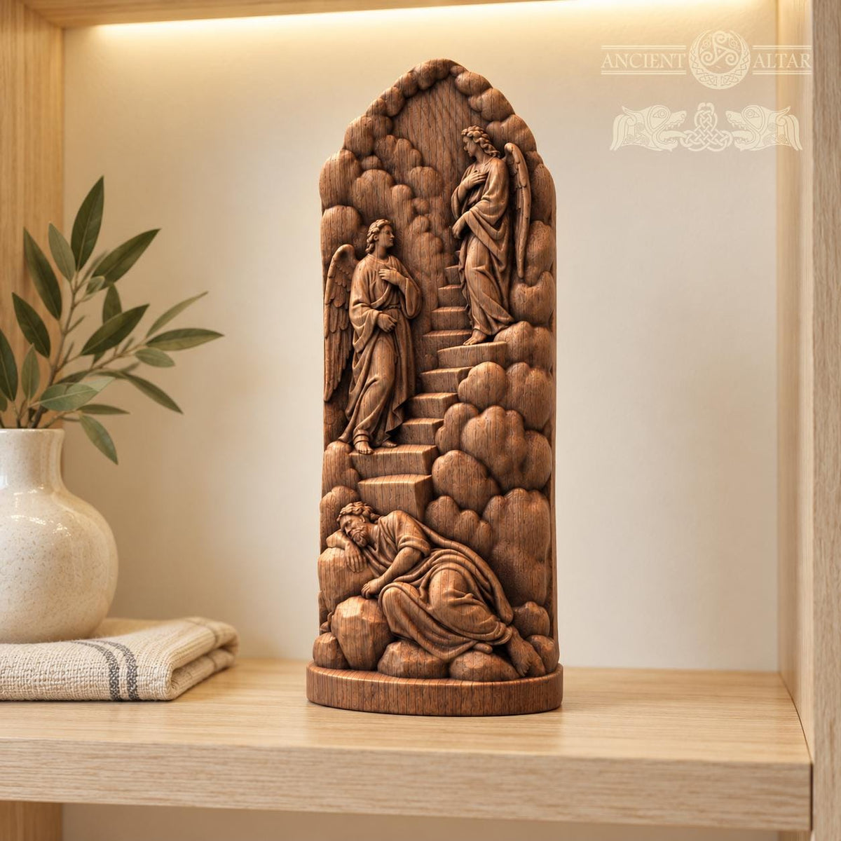 Jacob's Ladder Oak Wood Sculpture, Sleeping Jacob and Angels Relief, Biblical Dream Scene, Judaica Decor, Religious Gift