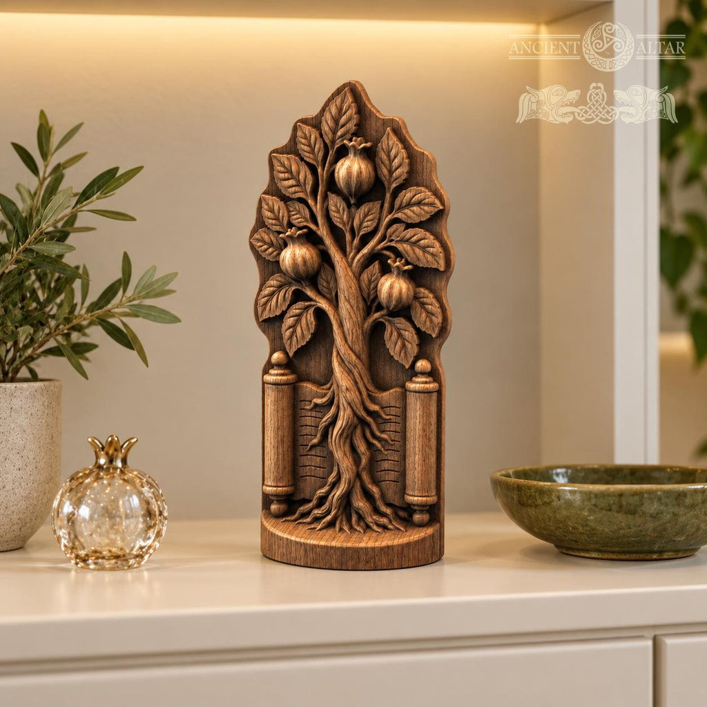 Pomegranate Tree with Torah Scroll, Solid Oak Judaica Sculpture, Tree of Life Decor, Jewish Wedding and Housewarming Gift