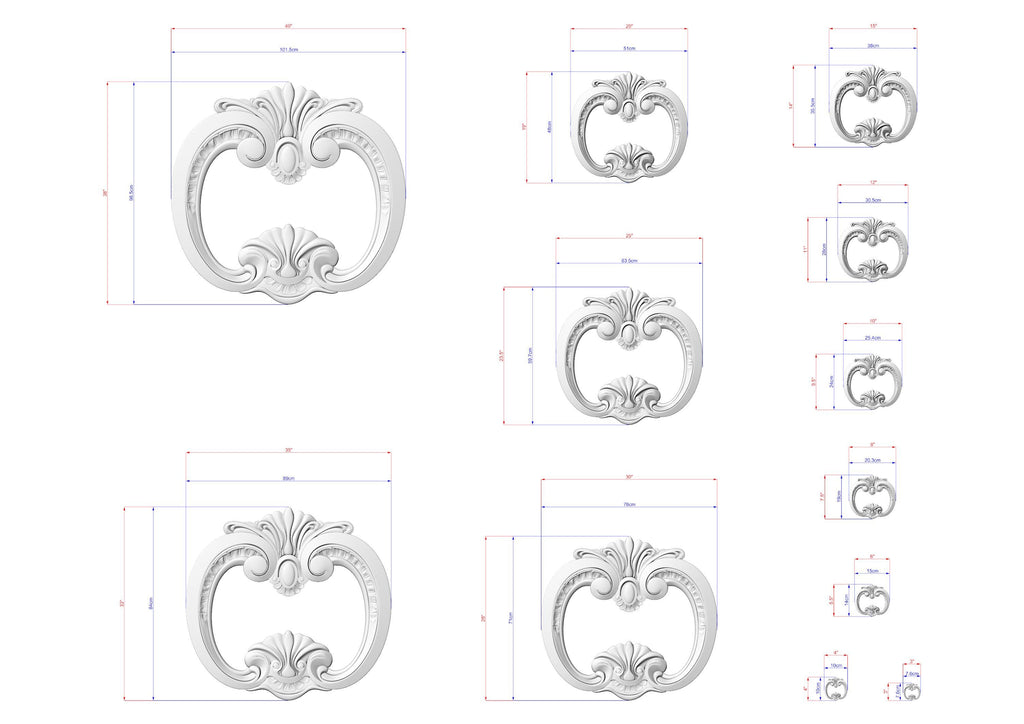 a collection of ornate, decorative white sculptures or designs, each accompanied by detailed measurements in millimeters. The sculptures vary in size and shape, showcasing a range of intricate and visually appealing patterns.