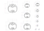 a collection of ornate, decorative white sculptures or designs, each accompanied by detailed measurements in millimeters. The sculptures vary in size and shape, showcasing a range of intricate and visually appealing patterns.