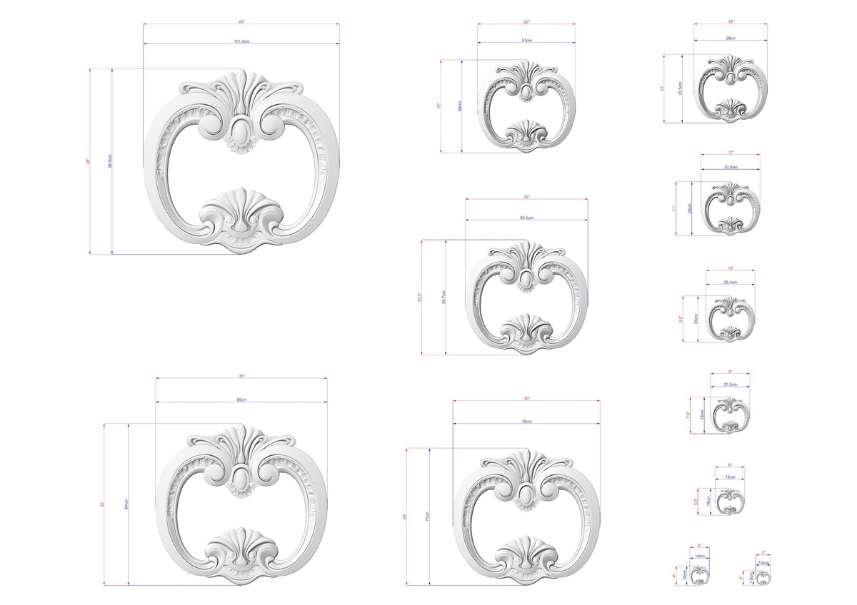 a collection of ornate, decorative white sculptures or designs, each accompanied by detailed measurements in millimeters. The sculptures vary in size and shape, showcasing a range of intricate and visually appealing patterns.
