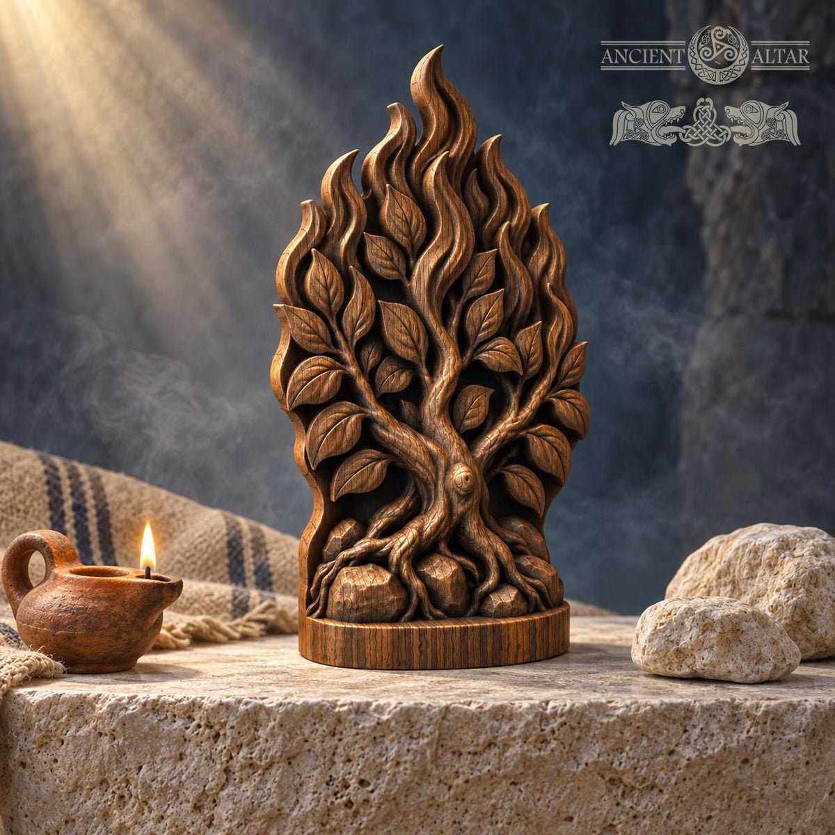 Burning Bush Oak Wood Sculpture, Biblical Tree with Flames, Judaica Decor, Exodus Inspired Wooden Relief, Religious Gift