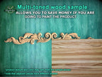 a multi-toned wood sample against a teal background. The wood sample has a light brown color and is placed next to a wooden plank. The text above the image states that the multi-toned wood sample allows for savings on painting the product if the person is going to paint the product.