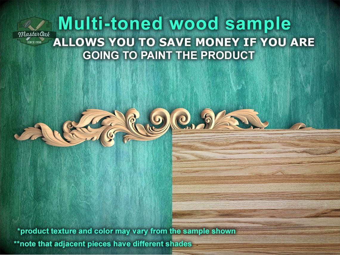 a multi-toned wood sample against a teal background. The wood sample has a light brown color and is placed next to a wooden plank. The text above the image states that the multi-toned wood sample allows for savings on painting the product if the person is going to paint the product.