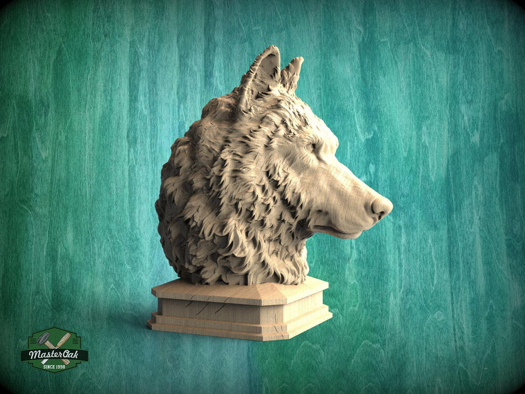 Carved Wolf Head Sculpture - Wooden Newel Post Finial, Nordic Style Animal Art Topper