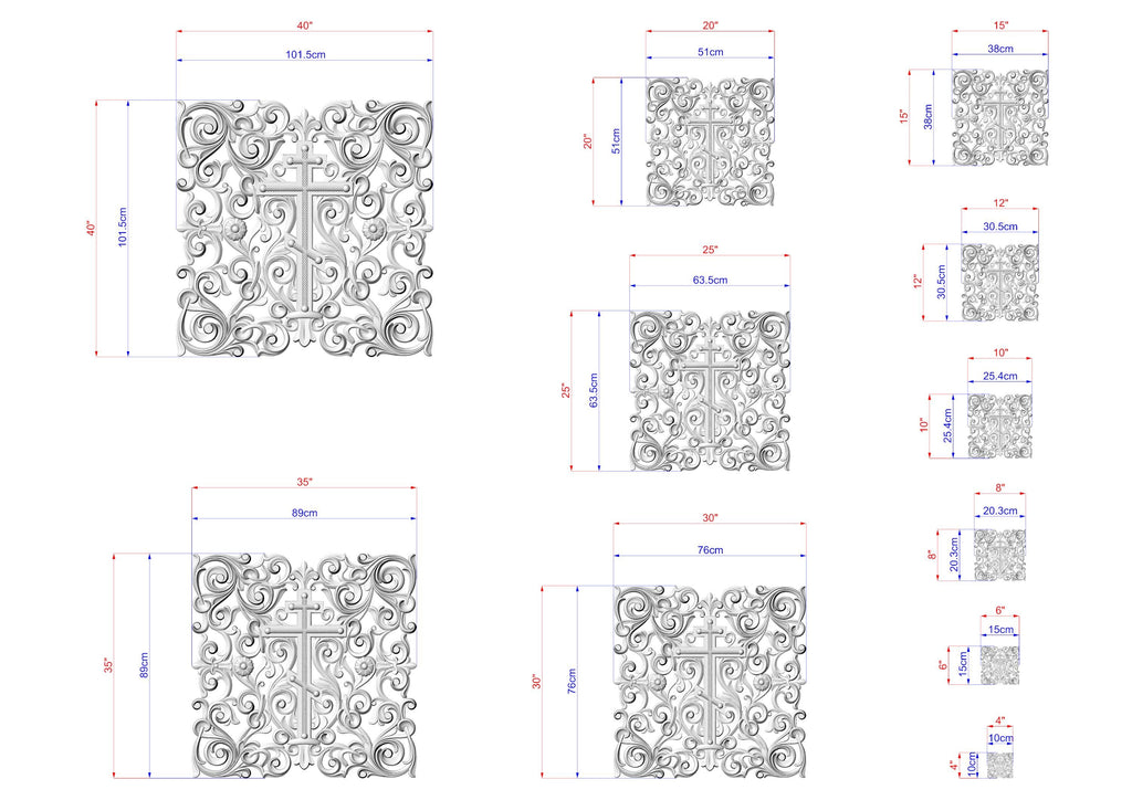 various sizes of ornate, decorative cross-like designs, likely representing a pattern or design for a piece of art or furniture. The designs are detailed and intricate, showcasing the craftsmanship and artistry involved in their creation.