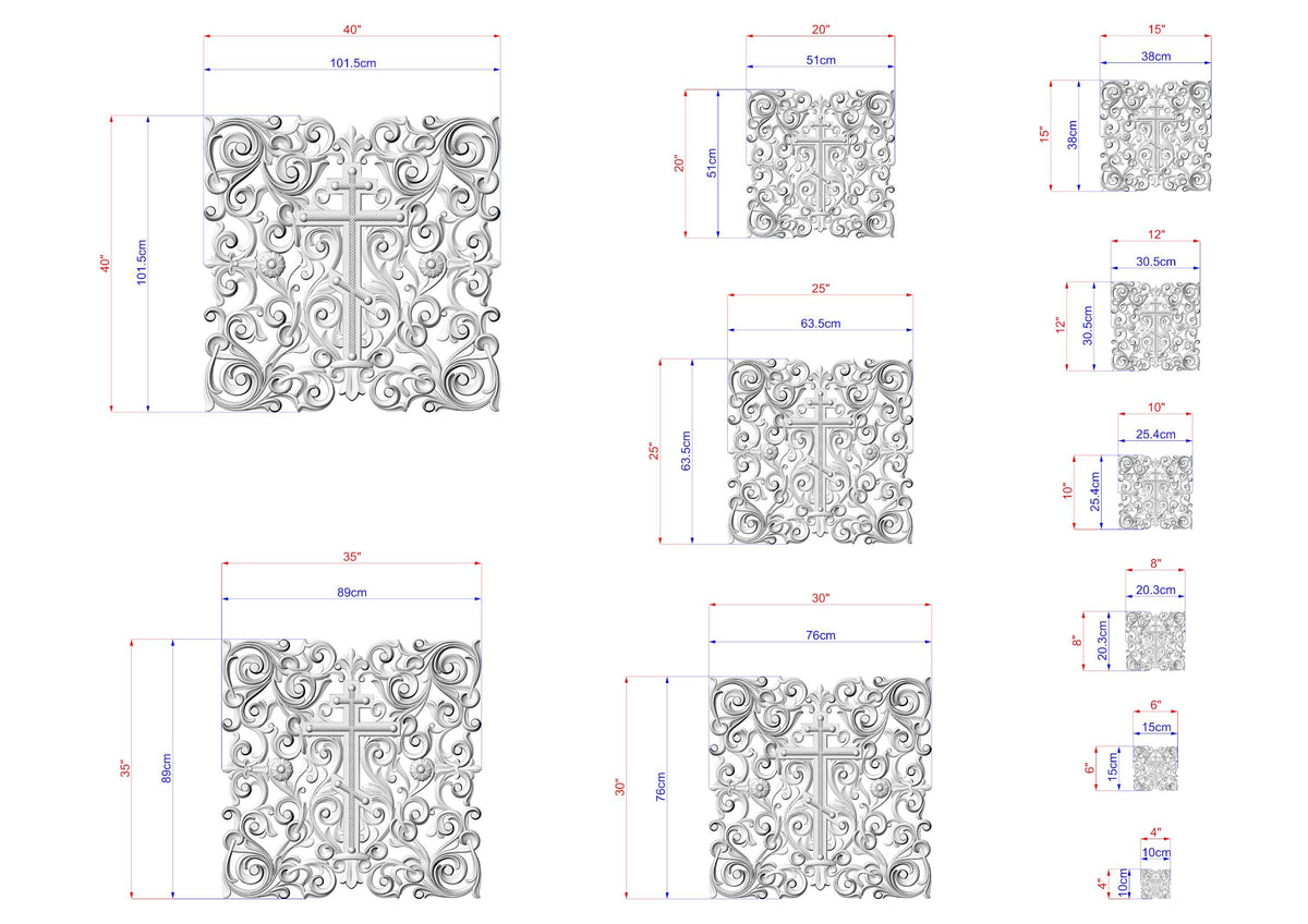 various sizes of ornate, decorative cross-like designs, likely representing a pattern or design for a piece of art or furniture. The designs are detailed and intricate, showcasing the craftsmanship and artistry involved in their creation.