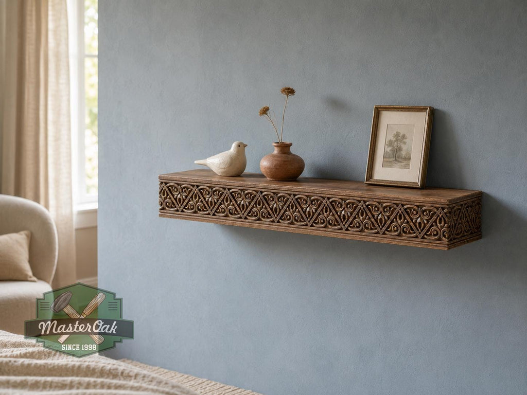 Carved Solid Oak Wall Shelf with Gothic Arch Pattern, Ornate Floating Shelf, Decorative Wood Display Shelf, Medieval Home Decor
