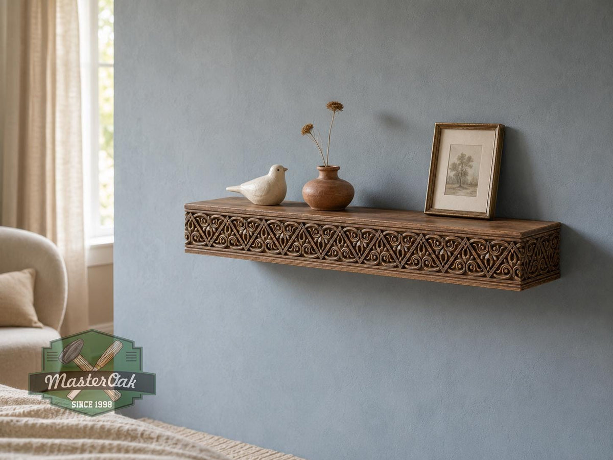 Carved Solid Oak Wall Shelf with Gothic Arch Pattern, Ornate Floating Shelf, Decorative Wood Display Shelf, Medieval Home Decor