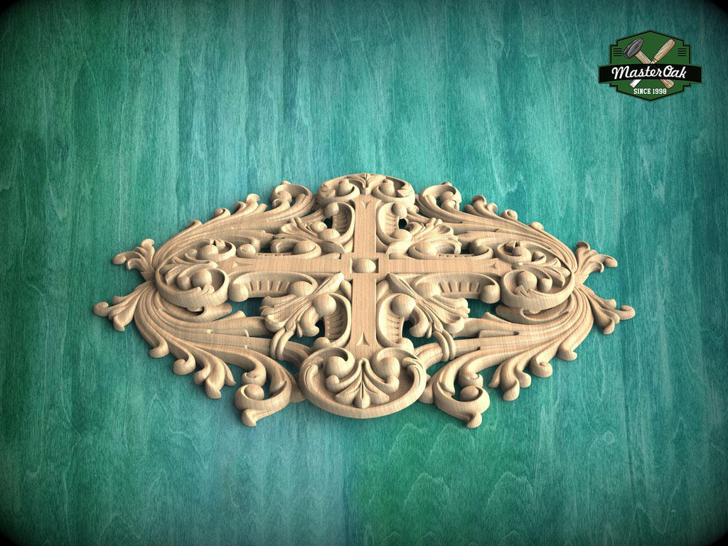 Renaissance Inspired Central Carved Wood Onlay, Wooden Onlay Decor, Unpainted, 1pc, Home Wall Embellishments