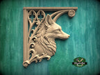 Carved Wood Fox Corner Onlays, Mirrored Pair with Gothic Scrollwork