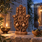 Hamsa Hand with Star of David, Solid Oak Sculpture with Pomegranates, Jewish Home Decor, Judaica Wedding and Housewarming Gift