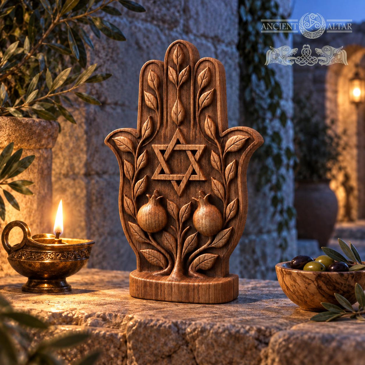 Hamsa Hand with Star of David, Solid Oak Sculpture with Pomegranates, Jewish Home Decor, Judaica Wedding and Housewarming Gift