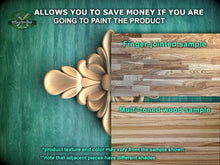 Load image into Gallery viewer, The image is a promotional advertisement for Master Oak, a company that sells wood products. It features a close-up of a wooden panel with a decorative element, and a sample of a multi-toned wood sample. The text on the image provides information about the product, including that it allows you to save money if you are going to paint the product, and that the product texture and color may vary from the sample shown. The image also mentions that adjacent pieces have different shades.
