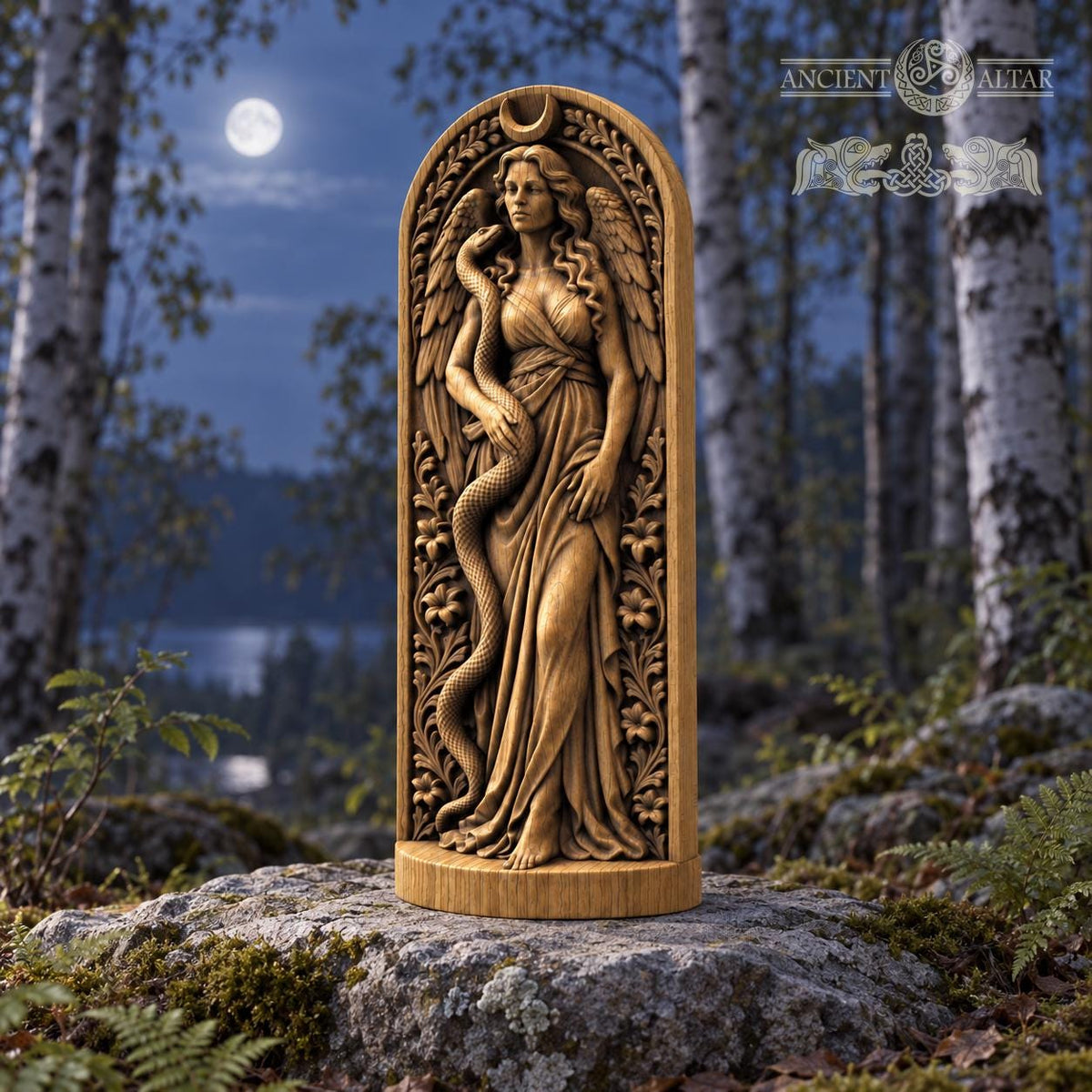 Lilith Statue, Wooden Dark Goddess Figurine, Serpent and Moon Altar Decor, Occult Sculpture, Divine Feminine Pagan Gift