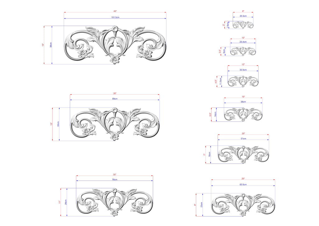 a series of ornate, decorative designs with intricate scrollwork and floral elements. The designs are presented in various sizes, ranging from small to large, and are accompanied by detailed measurements in millimeters. The image does not contain any text or additional elements that would require a more extensive description.
