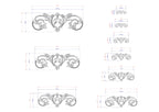 a series of ornate, decorative designs with intricate scrollwork and floral elements. The designs are presented in various sizes, ranging from small to large, and are accompanied by detailed measurements in millimeters. The image does not contain any text or additional elements that would require a more extensive description.