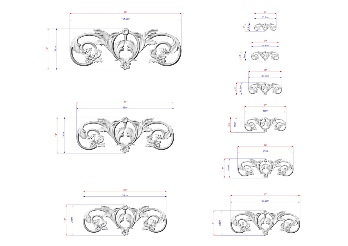 a series of ornate, decorative designs with intricate scrollwork and floral elements. The designs are presented in various sizes, ranging from small to large, and are accompanied by detailed measurements in millimeters. The image does not contain any text or additional elements that would require a more extensive description.