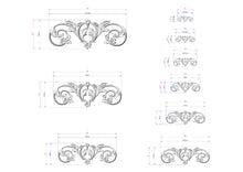 Load image into Gallery viewer, a series of ornate, decorative designs with intricate scrollwork and floral elements. The designs are presented in various sizes, ranging from small to large, and are accompanied by detailed measurements in millimeters. The image does not contain any text or additional elements that would require a more extensive description.
